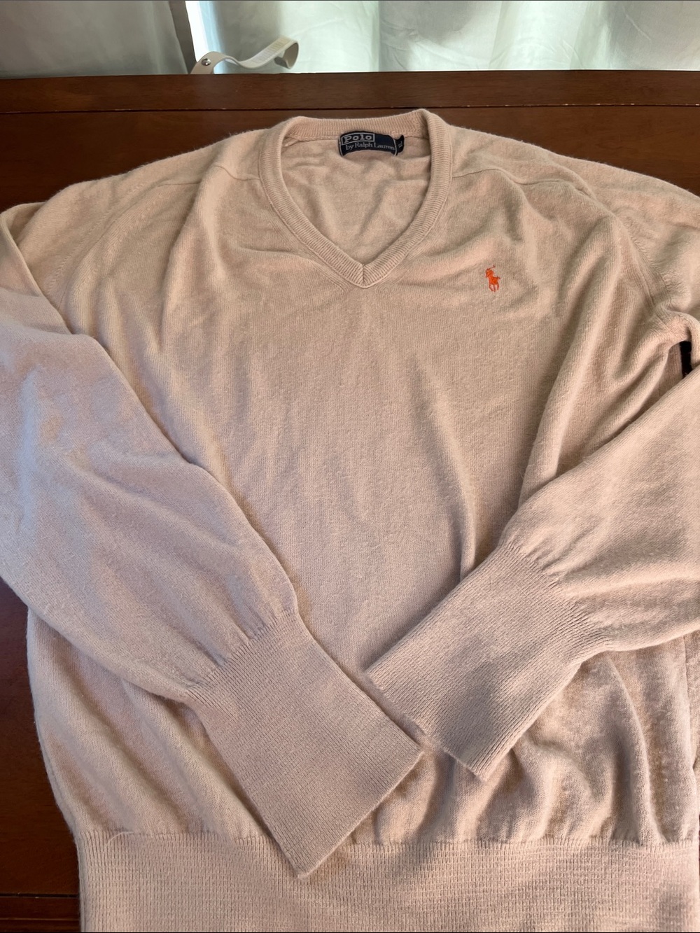 Polo by Ralph Lauren Men's V-Neck Sweater in Tan with Orange Logo SOFT
